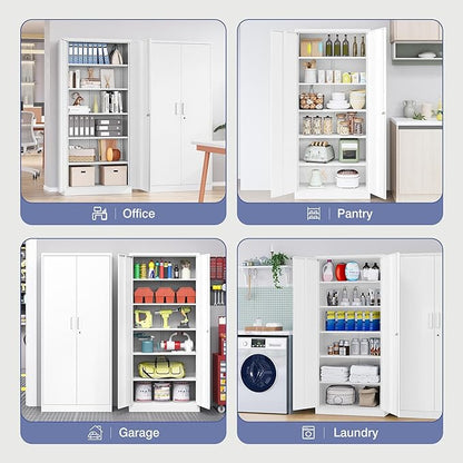 Metal Garage Storage Cabinet, 72" Tall White Tool Cabinet with Lockable Doors and 5 Adjustbale Shelves for Garage,HomeOffice