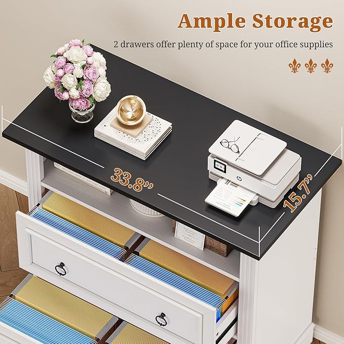 Itaar 2 Drawer File Cabinet, Farmhouse Filing Cabinet for Home Office Fits Letter, Legal, A4 Size, Wood Lateral File Cabinet with Printer Stand, Storage Shelf, White