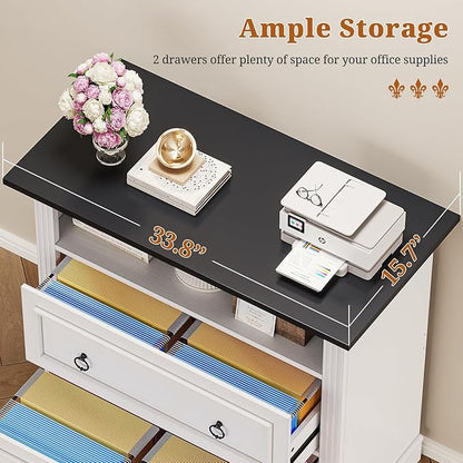 Itaar 2 Drawer File Cabinet, Farmhouse Filing Cabinet for Home Office Fits Letter, Legal, A4 Size, Wood Lateral File Cabinet with Printer Stand, Storage Shelf, White