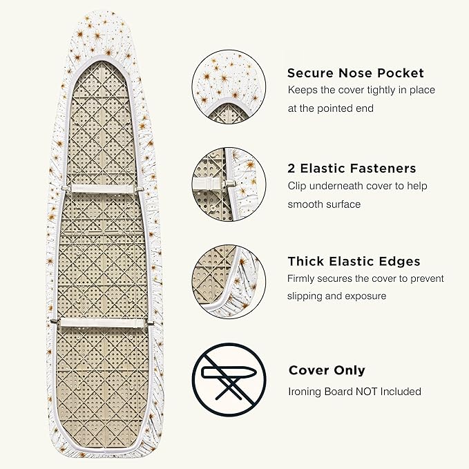 Ironing Board Cover and Pad 15"x54" Extra Thick Natural Cotton, Scorch and Stain Resistant Padding, Standard Size Iron Board Cover with Fasteners Heavy Duty Elastic Edge, Heatproof Starlight