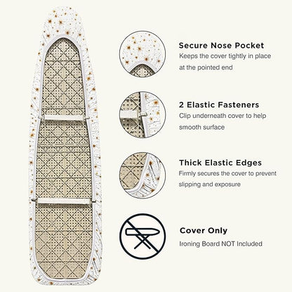 Ironing Board Cover and Pad 15"x54" Extra Thick Natural Cotton, Scorch and Stain Resistant Padding, Standard Size Iron Board Cover with Fasteners Heavy Duty Elastic Edge, Heatproof Starlight