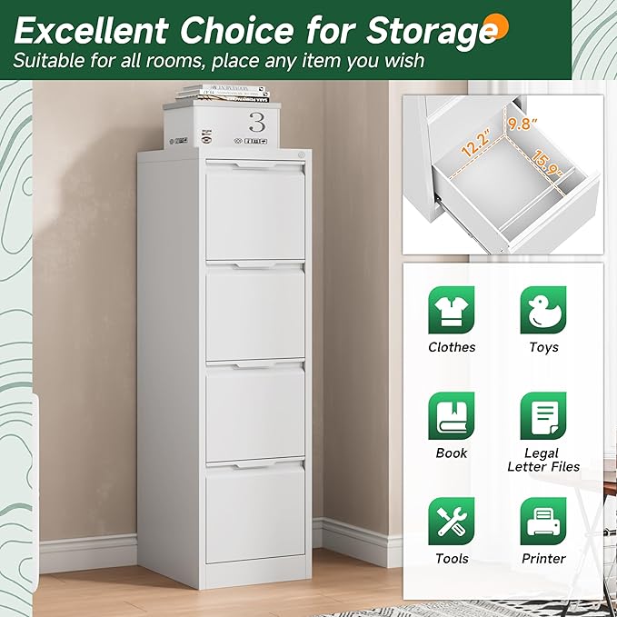 4 Drawer File Cabinet, Tall Vertical Filing Cabinets for Home Office, Locking Metal File Cabinet for Letter/Legal/A4/F4 Size, Assemble Required