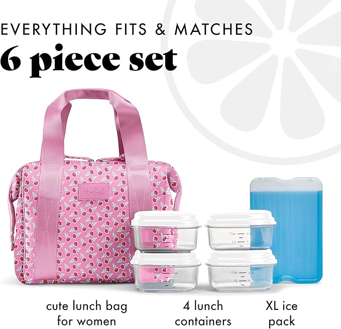 Fit & Fresh Neoprene Lunch Bag For Women, Insulated Womens Lunch Bag For Work, Tear & Stain Resistant Large Lunch Box For Women With Containers and Ice, Machine Washable Remi Bag, Sweet Pink Block
