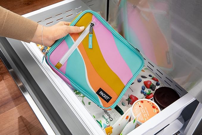 PackIt® Freezable Classic Lunch Box, Retro Wave, Built with EcoFreeze® Technology, Fully Freezable, Collapsible, Reusable, With Zip Front Pocket and Buckle Handle, Designed for Fresh Lunch On the Go