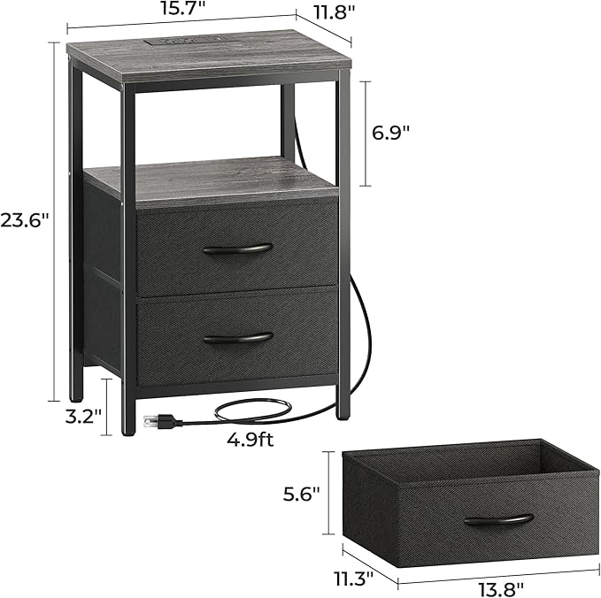 Huuger Nightstands Set of 2, End Tables with Charging Station, Side Tables with Fabric Drawers, Bedside Tables with USB Ports and Outlets, Night Stands for Bedroom, Charcoal Gray