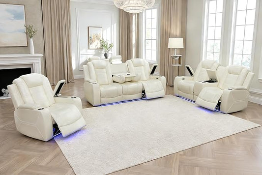 Power Recliner Sofa Set, Leather Reclining Couch Furniture Set for Living Room, Includes 1 Recliner Chair, 1 Loveseat Sofa and One 3-Seater Reclining Couch, 3PCS Power Recling Couch Sets