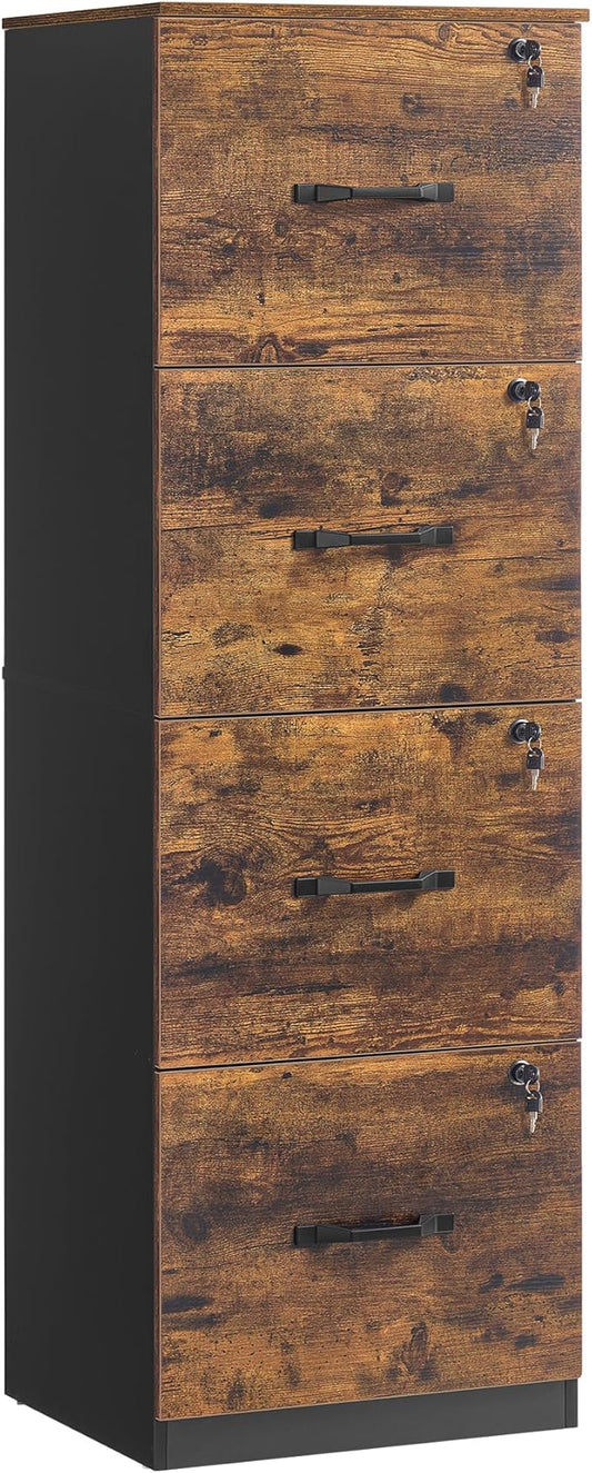 VASAGLE 4-Drawer Vertical File Cabinet, Filing Cabinet for Home Office, Printer Stand, with 4 Lockable Drawers, Adjustable Hanging Rail, for A4 and Letter-Size Files, Rustic Brown UOFC082K01