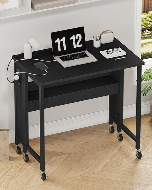 31.5" Modern Folding Computer Desk with Power Outlets, Wheels, Storage, Perfect for Small Spaces Black TDN01UBB