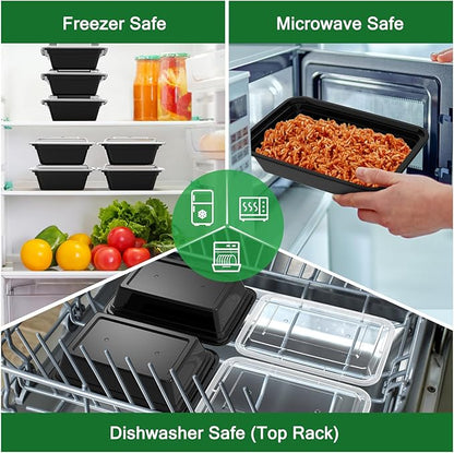 50 Pack (100-Piece) 38 oz Meal Prep Containers Reusable with Lids, Sturdy Leakproof & Food Safe, Microwave, Freezer, Dishwasher Safe Prep Containers, To Go Take Out Plastic Food Storage