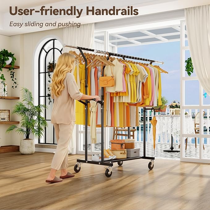 800LBS Heavy Duty Clothes Rack: Rolling Clothing Rack for Hanging Coat Double Rods Portable Wardrobe Garment Racks with Wheels Shelf Sturdy Metal Adjustable Bedroom Laundry Living Room