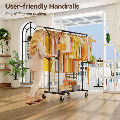 800LBS Heavy Duty Clothes Rack: Rolling Clothing Rack for Hanging Coat Double Rods Portable Wardrobe Garment Racks with Wheels Shelf Sturdy Metal Adjustable Bedroom Laundry Living Room