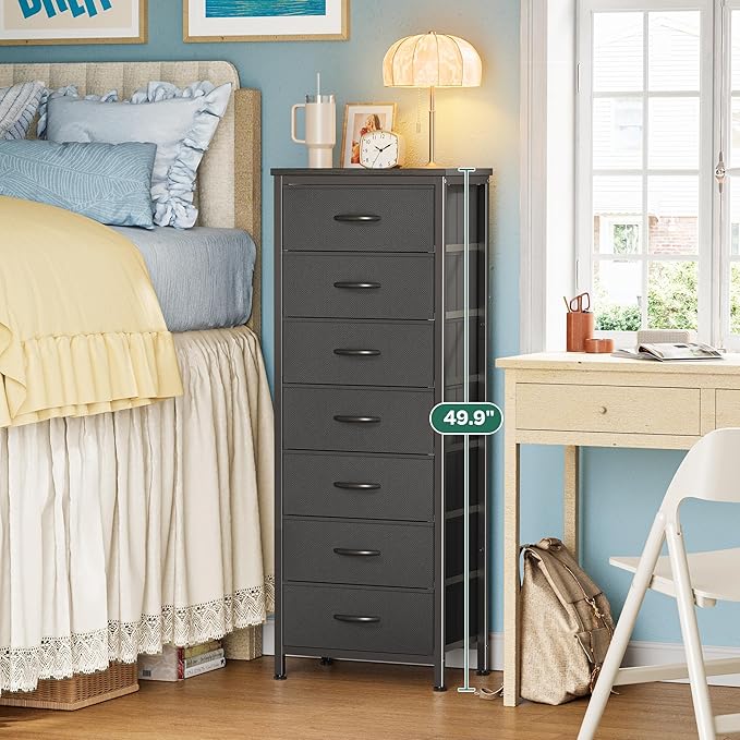 Huuger Tall Dresser for Bedroom, 7 Drawer Dresser & Chests of Drawers, Fabric Drawers for Closet, Bedroom, Night Stand, Metal Frame, Storage Tower with Fabric Bins, Black