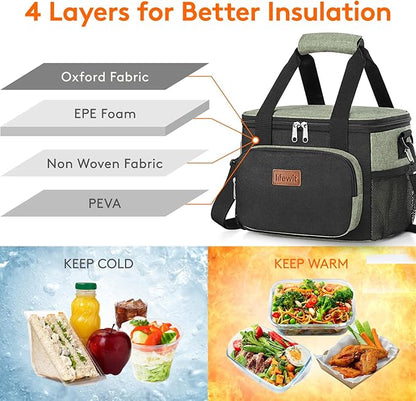 Lifewit Medium Lunch Bag Insulated Lunch Box Soft Cooler Cooling Tote for Adult Men Women, Black and Green 12-Can (9L)
