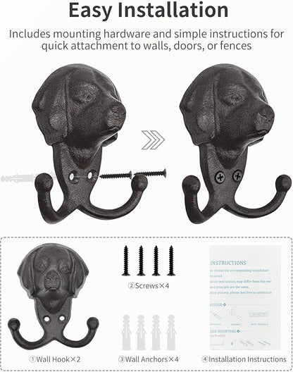 Cast Iron Wall Hooks - Rustic Dog Head Leash Holder, Wall Mount Coat Hooks, Heavy Duty Double Key Hook, Decorative Vintage Hanger for Entryway, Mudroom, Farmhouse Animal Decor 2 Pack