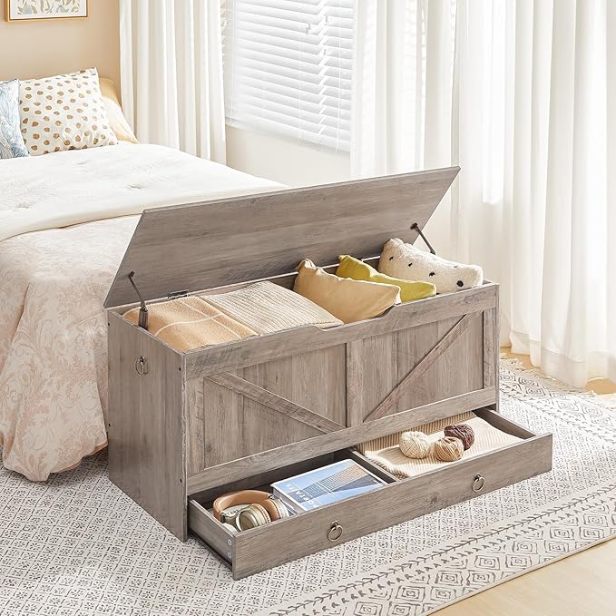 HOOBRO Storage Chest, 43.3" Toy Chest with Drawer, Wooden Storage Bench, Sturdy Entryway Bench Supports 220 lb, Shoe Bench, Safety Hinge, U-Shaped Opening, Easy Assembly, Greige BG711CW01G1