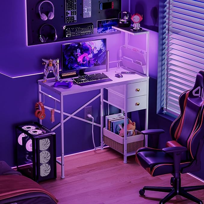 33.7" Computer Desk with Power Outlets, LED Lights & 2 Drawers, Small Office Desk with Storage Bag & Hooks, Gaming Desk for Bedrooms or Home Office, Compact Study Desk for Small Spaces，White