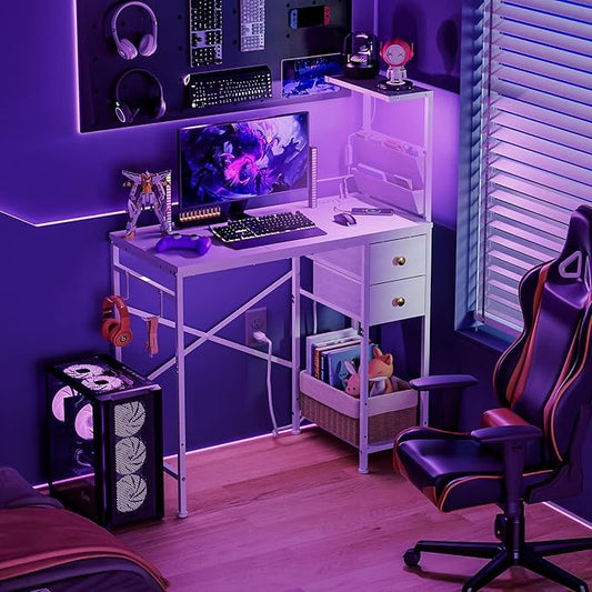 33.7" Computer Desk with Power Outlets, LED Lights & 2 Drawers, Small Office Desk with Storage Bag & Hooks, Gaming Desk for Bedrooms or Home Office, Compact Study Desk for Small Spaces，White