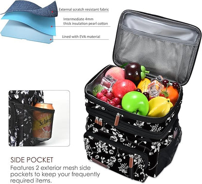 MIYCOO Lunch Bag & Lunch Box for Women Men, Double Deck Leakproof Insulated Soft Large Adult Camping Cooler bag for Work, Beach, Picnic, Travel (White Flower, 15L)