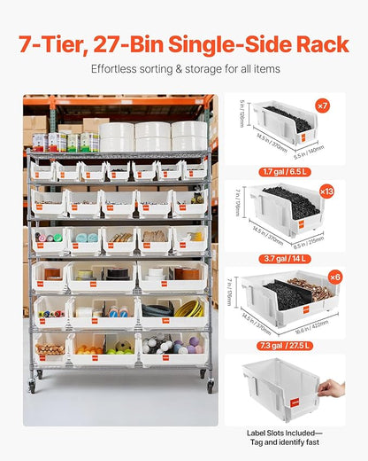 VEVOR 7-Tier Rolling Bin Storage Rack, 26 Organizer Bins, Bin Rack Storage Steel Wire Shelving System with Wheels, Mobile Tool Organizer for Garage, Warehouse, Office, Restaurant, Kitchen, Classroom