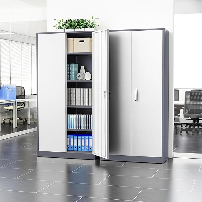Oakcloud Metal Storage Cabinet Tool Organizer, 72" Lockable Garage Storage Tool Cabinets with 2 Doors and 4 Adjustable Shelves, Locking File Cabinet for Office, Home, School (72“ Wide-GreyWhite)