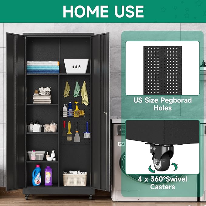 Metal Garage Storage Cabinet with Wheels, Locking Doors and Adjustable Shelves - Tall Black Cabinet for Office, Home, Garage, Shop