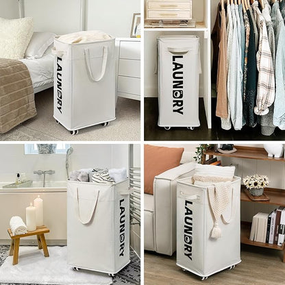 Goodpick Laundry Baskets with Wheels and Handle, 2-Pack 75L Collapsible Laundry Baskets, Clothes Laundry Basket with Removable Wash Bags for Corner Dorm, White Rolling Laundry Hamper
