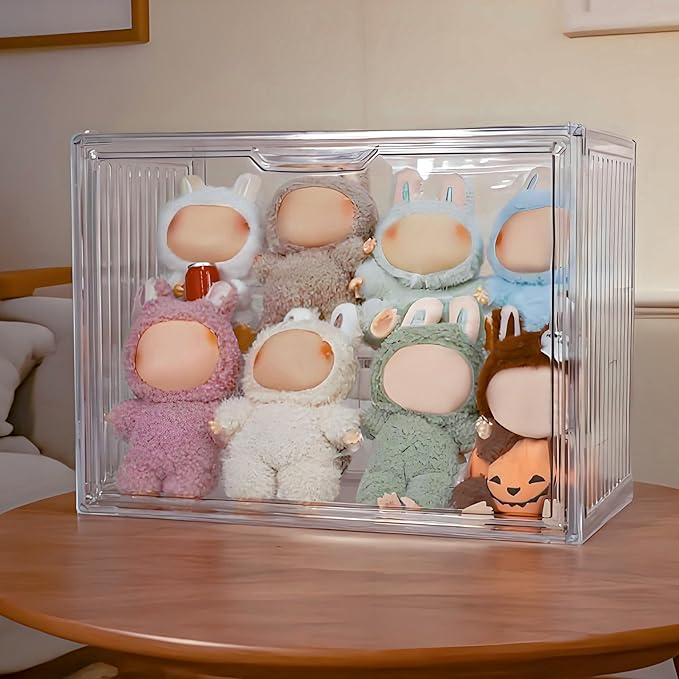Clear Doll Storage Box Compatible with Labubu - Stackable Organizer for 15-17cm Dolls & Accessories, Transparent Display Case for Collectibles, Action Figures, and Toy Clothes
