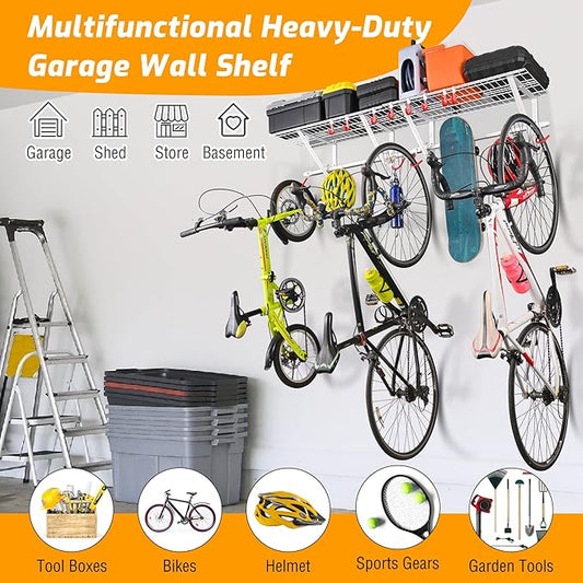 PLKOW Garage Wall Shelving 4-Pack Includes Bike Hooks, Sturdy Adjustable Garage Shelving Wall Mount Wall Organizer (Black, 4-Pack)