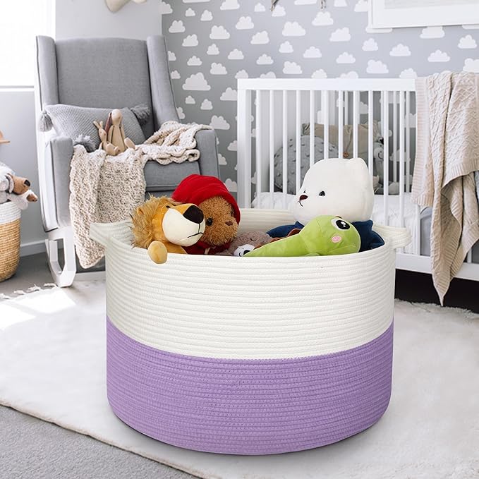 Large Purple Rope Storage Basket, 22x14 Inches Wicker Woven Baskets for Storage, Baby Laundry Hamper, Towel Blanket Toy Bin Organizer, Purple Living Room Decor, Big Basket for Gifts Empty