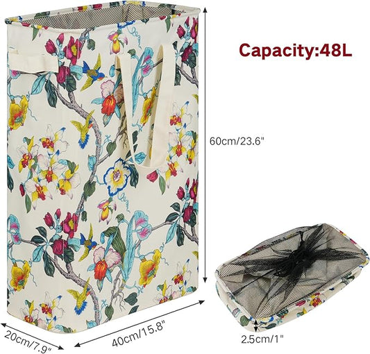 efluky Slim Laundry Basket, Narrow Laundry Hamper with Handles, Collapsible Dirty Clothes Hamper, Tall Laundry Bin for Laundry Room, Dorm and Bedroom, 48L (12.7 Gallon) Floral