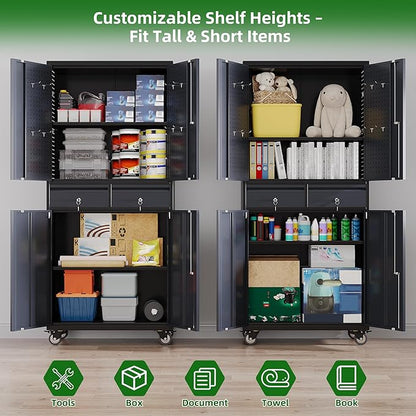 Garage Storage Cabinet with Wheels and Doors,71" H Metal Storage Cabinet with Pegboard and 2 Drawers for Garage, Warehouse,Home,Required Assembly,Black and Dark Grey