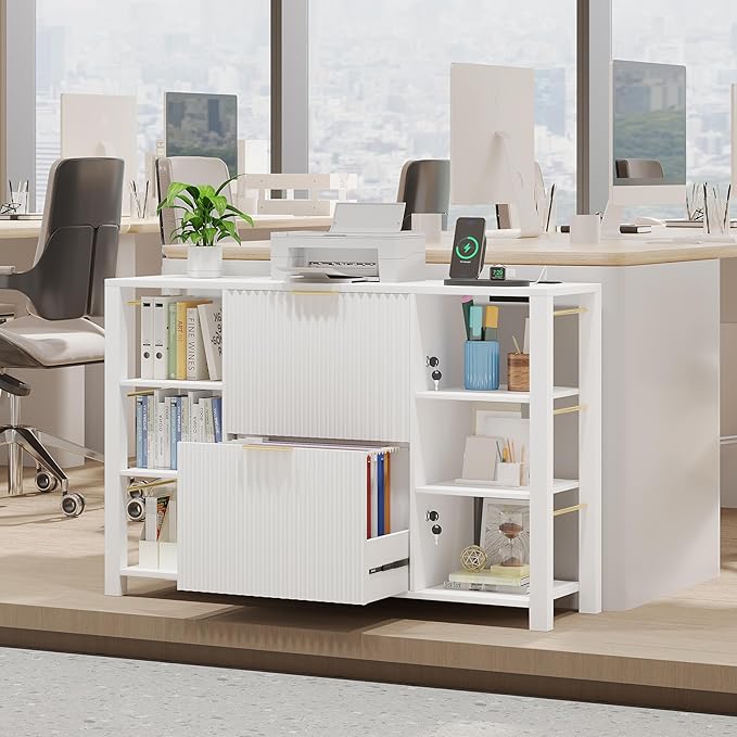 File Cabinet for Home Office, Fluted Filing Cabinet with 2 Drawers Fit Letter/Legal/A4 Folders with Tabs, Printer Stand with Lock & 2 Power Outlets, 6 Shelves (Set of 2, White)