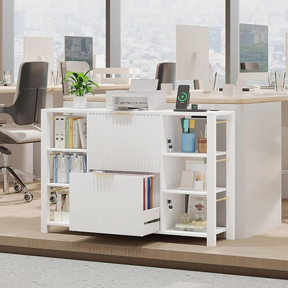 File Cabinet for Home Office, Fluted Filing Cabinet with 2 Drawers Fit Letter/Legal/A4 Folders with Tabs, Printer Stand with Lock & 2 Power Outlets, 6 Shelves (Set of 2, White)