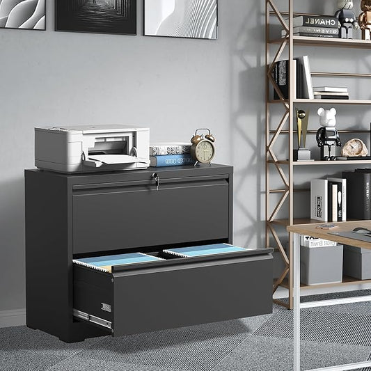 File Cabinets 2 Drawer,Metal Office Storage Filing Cabinet with Lock,Black Lateral Filing Cabinet for Home Office,Horizontal 2-Drawer File Cabinets for Legal/Letter/A4,Assembly Require,Black