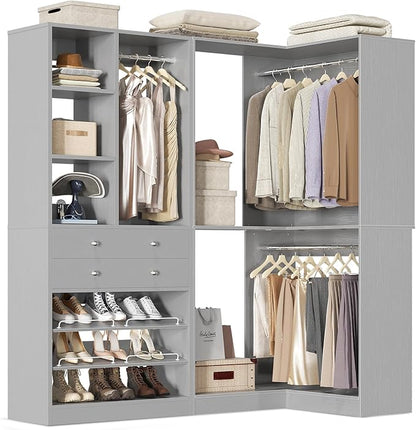 Closet System with 2 Drawers, 3 Hanging Rods, 59.5" * 31.5" Closet Organizer System with Corner Tower, Reversible L Shaped Walk-in Closet System, Corner Closet System Set of 2, Morandi Grey