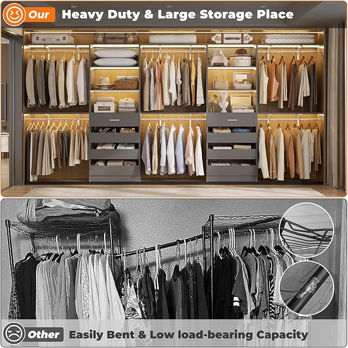 Aheaplus Closet System with Drawers Set of 2, Wood Closet Organizer System with 8 Hanging Rods & Top Shelves, Walk-in Closets Organizer Wardrobe Clothes Rack System, Cut Fits Spaces 4-9FT. Wide, Grey1