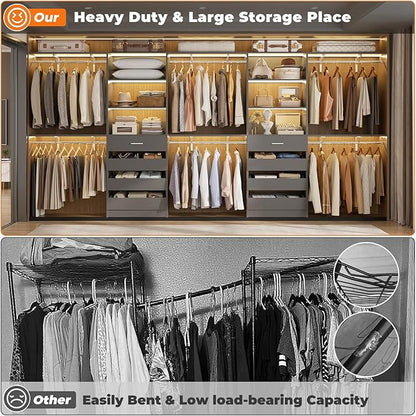 Aheaplus Closet System with Drawers Set of 2, Wood Closet Organizer System with 8 Hanging Rods & Top Shelves, Walk-in Closets Organizer Wardrobe Clothes Rack System, Cut Fits Spaces 4-9FT. Wide, Grey1