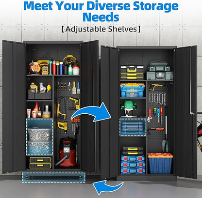Garage Storage Cabinet with 4 Wheels,Lockable Tool Cabinets with Pegboard and 4 Adjustable Shelves,71" H Broom Closet Cabinets for Utility Room,Workshop,Black