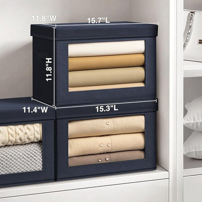 Stackable Storage Bins with Lids - Large Storage Box with Lids, Foldable Closet Boxes for Organizing, Wardrobe Clothes Organizer with Window, Cubes Bins for Living Room, 3 Pack, Navy Blue