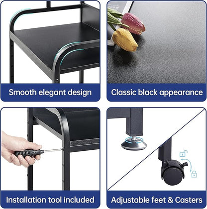 Printer Stand, 3 Tier Printer Table with Height Adjustable Storage Shelf, Rolling Printer Cart with Wheels for Home Office Organization, Black
