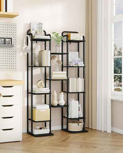 8 Tiers Vertical Shoe Rack, Narrow Shoe Tower, Tall Shoes Shelf with 2 Hooks, Adjustable Shelves, Corner Shoes Shelves for Small Spaces, Entryway, Living Room, Black SR04304B