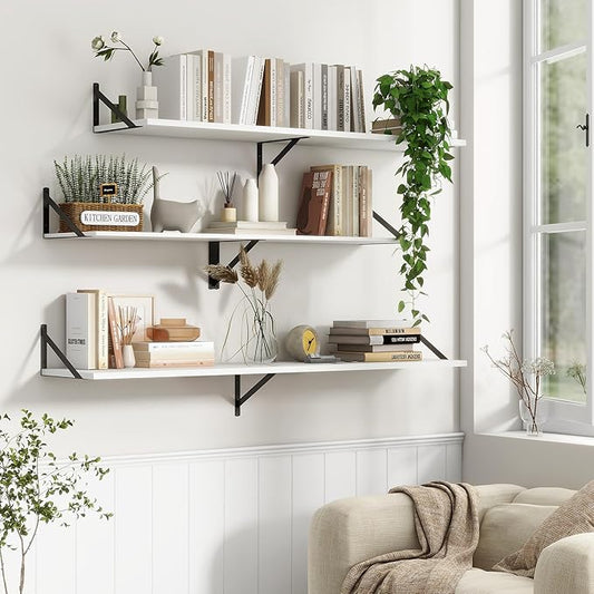 12 Inch Deep Floating Shelves, White Floating Shelves 48W x 12D, Deep Wall Shelves Bracket Set of 2, Large Display Hanging Floating Shelf for Bathroom, Living Room, Wide Storage Wooden Wall Shelf