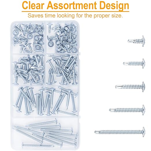 KURUI Self Tapping Screws Assortment Kit, #8 sheet metal screws for Metal Wood & plastic, 125Pcs Galvanized Phillips Truss Head Self Drilling Screws in 5 Sizes (1/2, 3/4, 1-1/4, 1in, 2in)