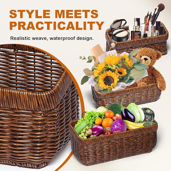 2 PCS Hanging Wall Basket,Wicker Fruit Racks,Open Storage Bins,Hand-Woven Shelf Basket,For Garlic, Ginger, Eggs, Onions,And Fruits, Kitchen And Living Room Storage Boxes(Brown-(M+L))