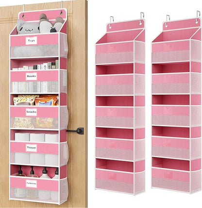 Over The Door Organizer Hanging, 2 Pack 5 Shelf Behind The Doors Storage, Pantry Door Organizer, Closet Organizers for Bedroom and Nursery (Pink)