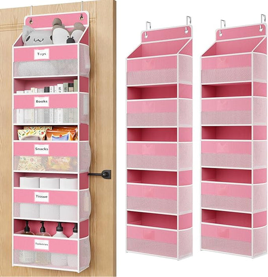 Over The Door Organizer Hanging, 2 Pack 5 Shelf Behind The Doors Storage, Pantry Door Organizer, Closet Organizers for Bedroom and Nursery (Pink)