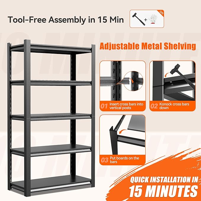 36" W Storage Shelves 2500LBS Garage Shelving Heavy Duty 5 Tier Adjustable Shelving Unit Metal Storage Rack for Basement, Pantry, Kitchen, Warehouse 15.8" D x 35.4" W x 72" H