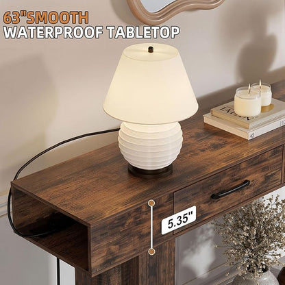 LUMISOL Farmhouse Entryway Table with 2 Drawers, Console Table with Side Power Outlet, 63-Inch Long Sofa Table for Hallway Living Room Office, Reddish Brown