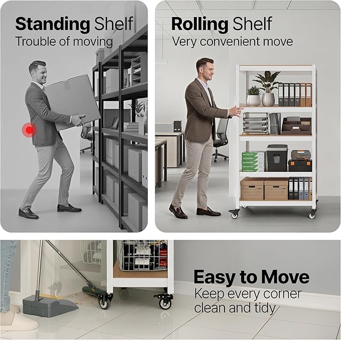 HOMEDANT House 5 Tier Heavy Duty Garage Shelving Adjustable Metal Rack Storage Shelves Standing Shelf Unit Organizers Pantry Closet Office (1, White, (Wheels) 48.1" W x 18.5" D)