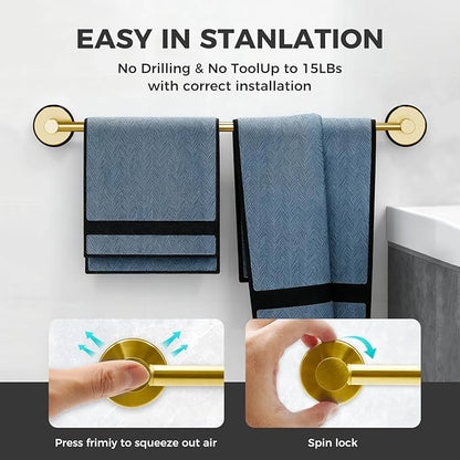 Adjustable Suction Cup Towel Bar for Bathroom Wall,14.6Inch~24 Inch Towel Racks for Bathroom,Stainless Steel Bath Towel Holder for Shower(Brushed Gold)